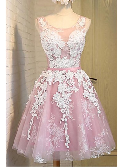 A-Line Scoop Lace-Up Pink Tulle Short Homecoming Dress 2024 with Lace