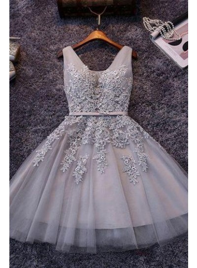 Princess/A-Line V-Neck Appliques Gray Tulle Homecoming/Prom Dresses
