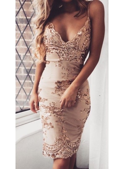 Sheath Spaghetti Straps Knee-Length Champagne Homecoming Dress 2024 with Sequins