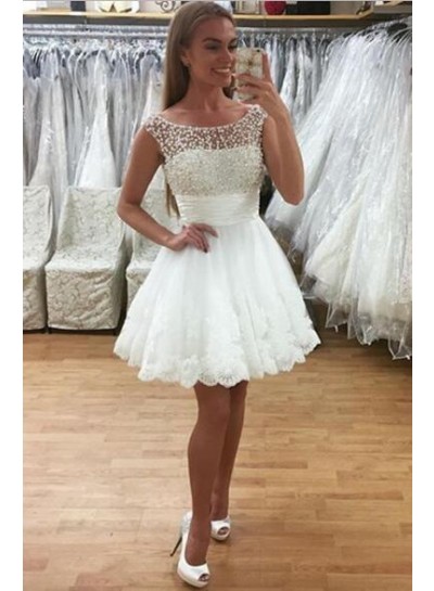 A-Line Crew Neck Short White Homecoming Dress 2024 with Lace Beading