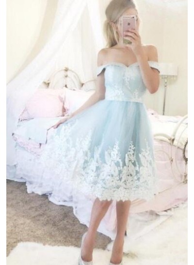 A-Line Off-the-Shoulder Short Blue Homecoming Dress 2024 with Appliques