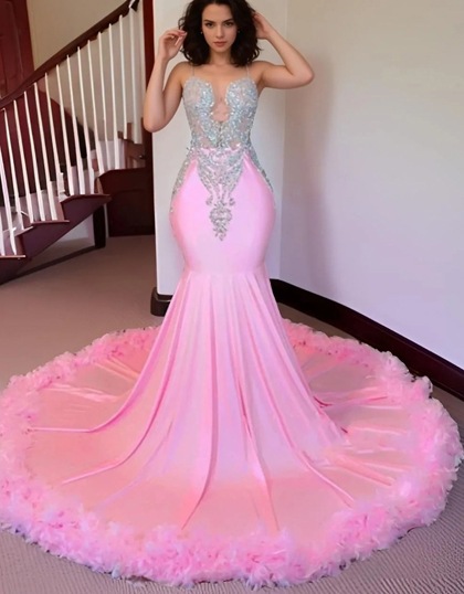 2024 Pink Mermaid Beaded Long Prom Dresses With Ruffles