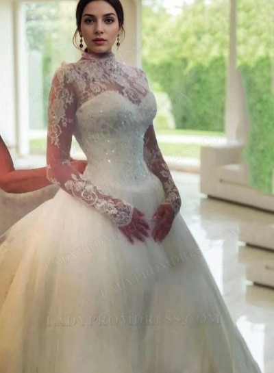 Ball Gown Sweep Train Beading Bateau Long Sleeves Tulle Wedding Bridal Gowns / Dresses