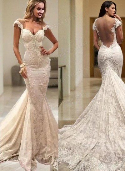 Lace Watteau Train Trumpet/Mermaid Sleeveless Off-The-Shoulder Zipper Wedding Dresses / Gowns With Appliqued