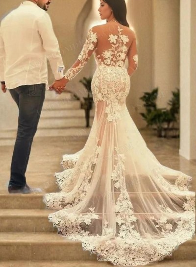 Tulle Sweep Train Trumpet/Mermaid Long Sleeve Sweetheart Zipper Up At Side Wedding Dresses / Gowns With Appliqued