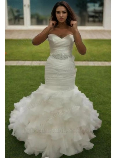 Alluring Mermaid Sweetheart Organza Beaded Belt Ruffles 2024 Wedding Dresses