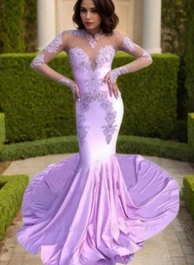 2024 Sexy Long Sleeves Lace Mermaid Lilac Prom Dresses