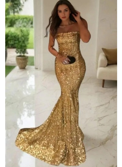 2024 Gorgeous Gold Sequins Mermaid Prom Dresses