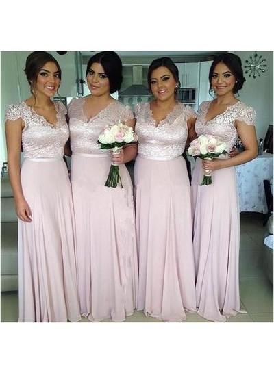 A Line Blushing Pink Long Capped Sleeves Bridesmaid Dresses / Gowns