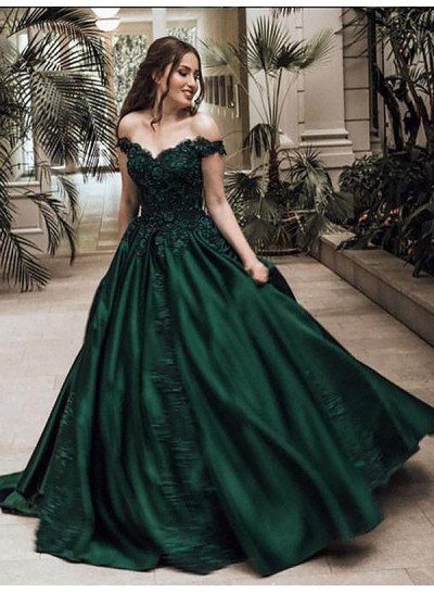 2024 Classic Satin Dark Green Off Shoulder Sweetheart Ball Gown Prom Dress