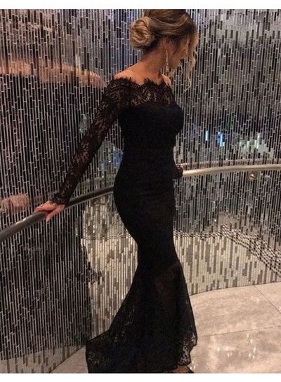 2024 Sexy Black Long Sleeves Lace Off The Shoulder Prom Dresses