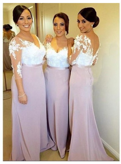 2024 Newly Sheath Lilac Lace Long Sleeves Long Bridesmaid Dresses