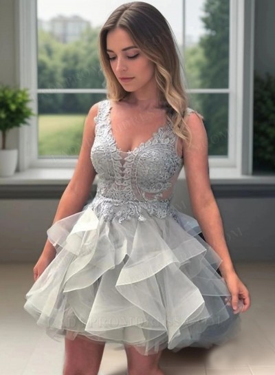 2024 Ball Gown V Neck Sleeveless Backless Applique Beading Layers Organza Cut Short/Mini Homecoming Dresses