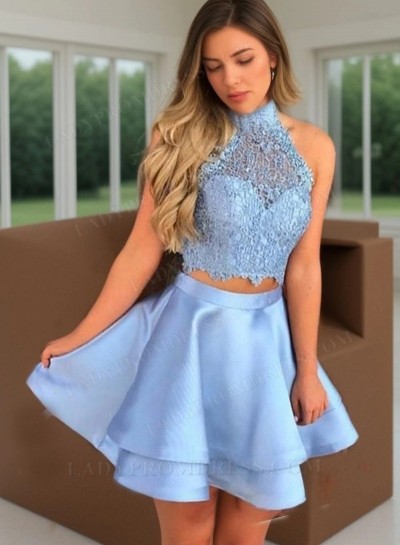 2024 A-Line/Princess Halter Sleeveless Cut Out Back Two Piece Layers Applique Satin Cut Short/Mini Homecoming Dresses