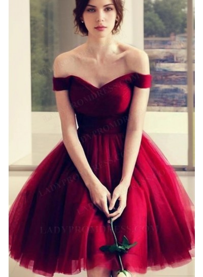 Knee-Length Tulle Off-The-Shoulder Sweetheart Burgundy Homecoming Dresses