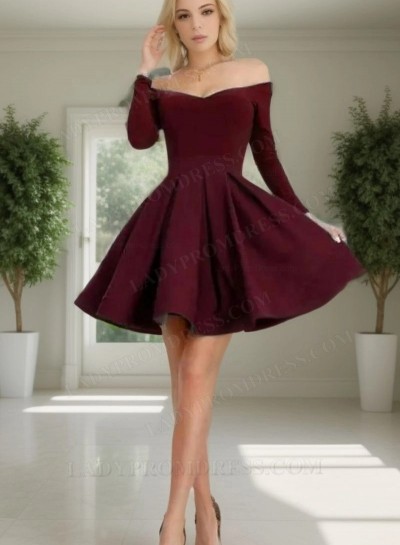 Burgundy Off The Shoulder A Line Pleated Satin Long Sleeve Short Homecoming Dresses