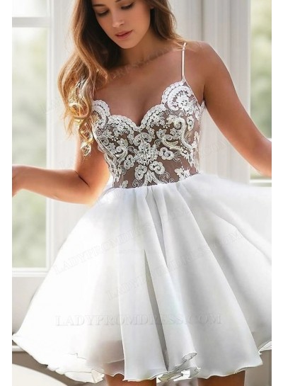 Spaghetti Straps White V Neck Lace Appliques A Line Chiffon Short Homecoming Dresses