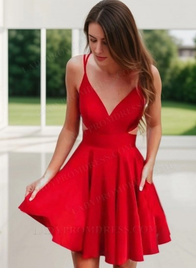 A Line Red Knee Length Backless Elastic Satin 2025 Short Homecoming Dresses