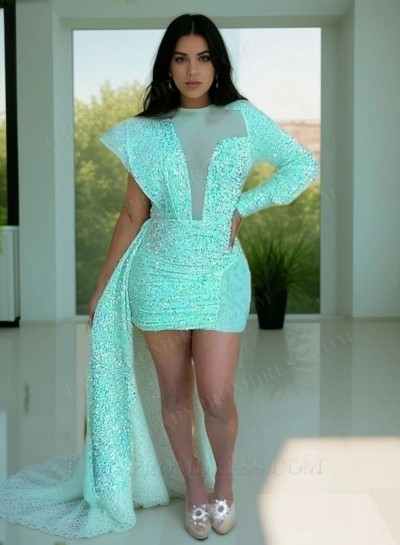 2024 Turquoise Sheath High Neck Long Sleeves Mini Sequins Homecoming Dresses