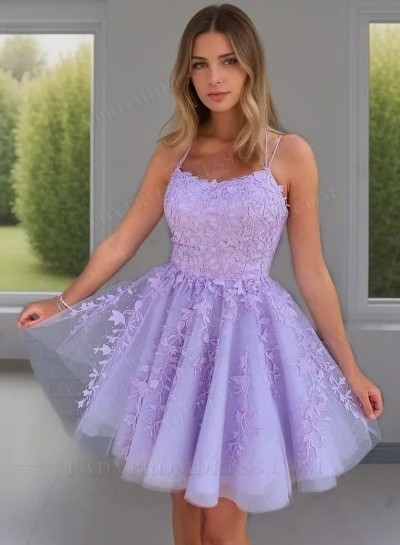 2025 A-line Princess Applique Tulle Spaghetti Straps Sleeveless Lilac Short/Mini Homecoming Dresses