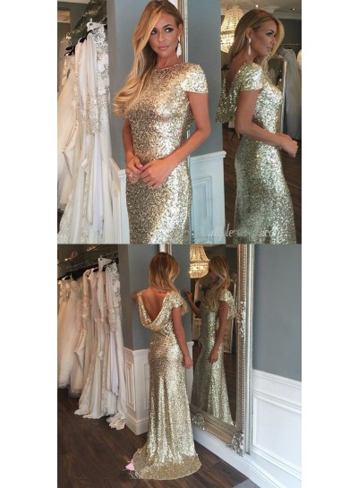 2024 New Arrival Gold Sequins With Capped Sleeves Long Bridesmaid Dresses / Gowns