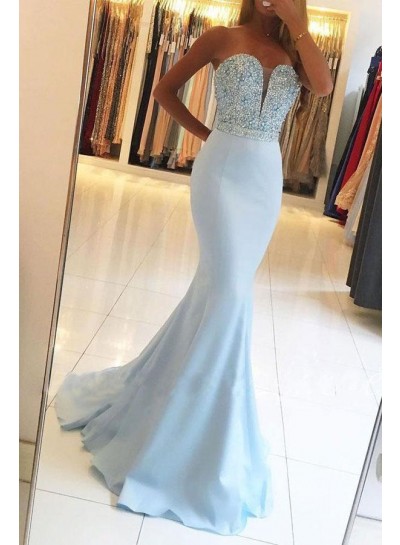 2024 Sexy Light Sky Blue Mermaid/Trumpet Sweetheart Beaded Satin Prom Dresses