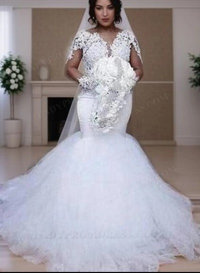 2025 Mermaid White Tulle With Appliques Sleeves Wedding Dresses