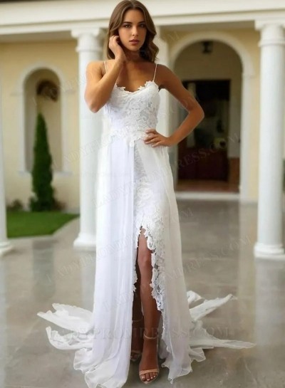 A Line Chiffon High Low Lace Spaghetti Straps Beach Wedding Dresses