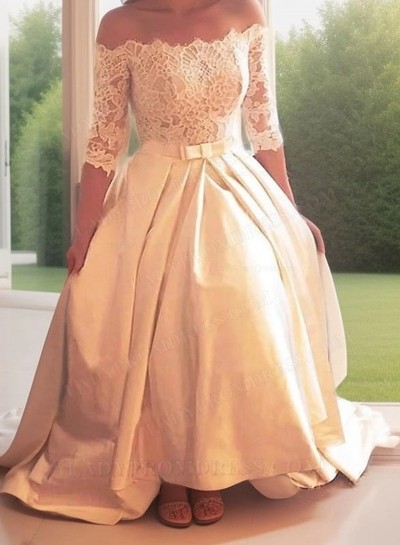 2024 A Line Elegant Ivory Tea Length Lace Long Sleeves Off Shoulder Short Wedding Dresses