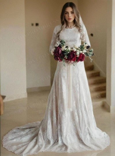 2024 Elegant A Line Long Sleeves Lace Long Round Neck Wedding Dresses