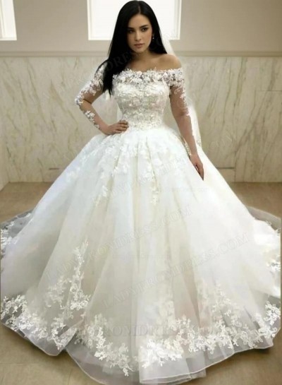 2024 New Designer Long Sleeves Off Shoulder Flowers Ball Gown Lace Up Wedding Dresses