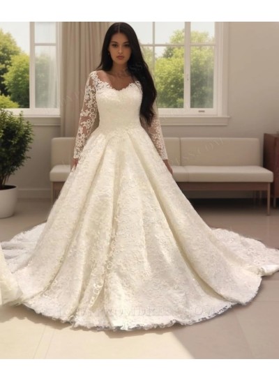 2024 Ivory A Line Long Sleeves Sweetheart Lace Long Wedding Dresses