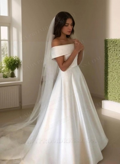 2025 A Line Off Shoulder Satin Backless Long Wedding Dresses