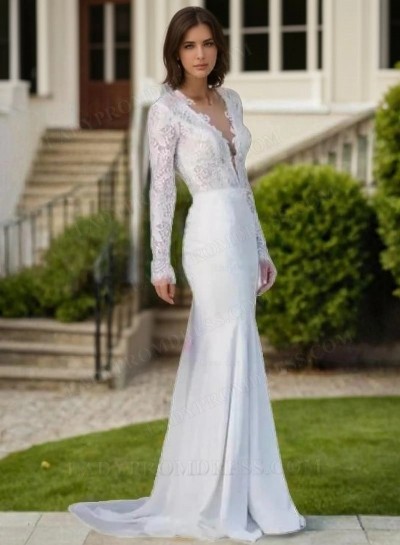 Charming Sheath Deep V Neck Long Sleeves Backless Lace 2025 Wedding Dresses