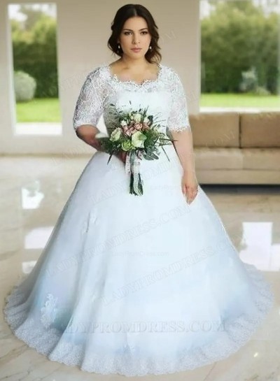 2024 New Arrival A Line Half Sleeves Tulle Round Neck Lace Plus Size Wedding Dresses