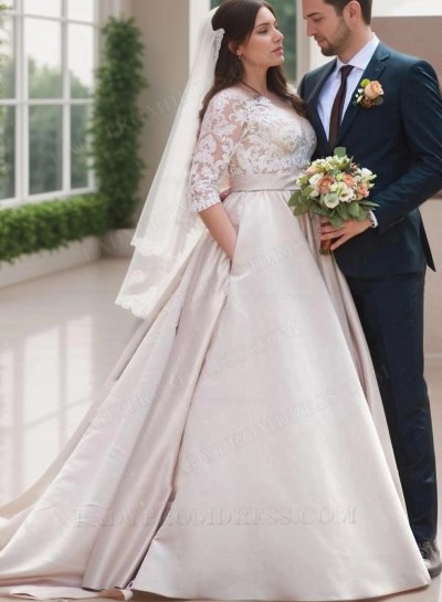 2025 A Line Satin Champagne Long Sleeves Sweetheart Lace Plus Size Wedding Dresses