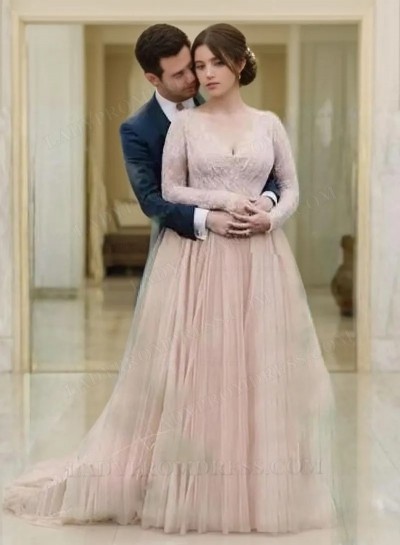 2024 New Arrival A Line V Neck Lace Pink Long Sleeves Tulle Plus Size Wedding Dresses