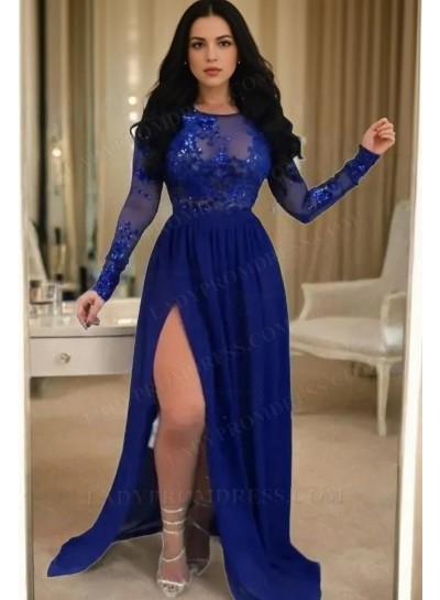Charming A Line Side Slit Long Sleeves Chiffon Royal Blue See Through Prom Dresses 2024