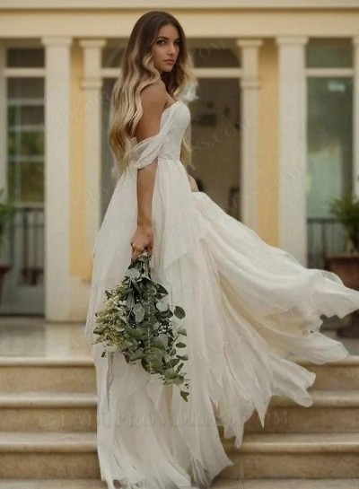 Ruffle Tiers Floor Length Off Shoulder Backless Chiffon Wedding Dresses