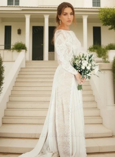 Scoop Neck Long Sleeve Ivory Lace Applique Backless Floor Length Wedding Dresses
