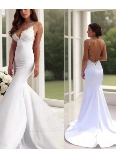 White Backless Mermaid Deep V Spaghetti Straps Sleeveless Wedding Dresses