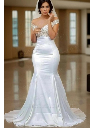 2024 Mermaid/Trumpet Satin Off Shoulder Embroidery Backless Long Wedding Dresses / Bridal Gowns