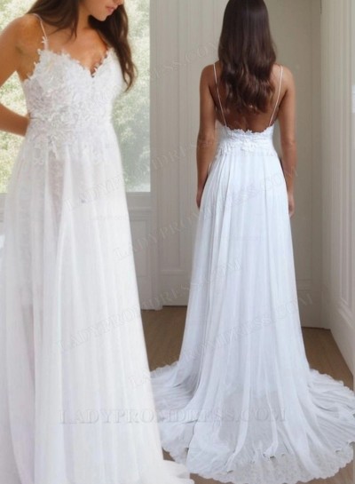 2025 A Line/Princess Chiffon Lace Sweetheart Spaghetti Straps Backless Beach Wedding Dresses / Bridal Gowns