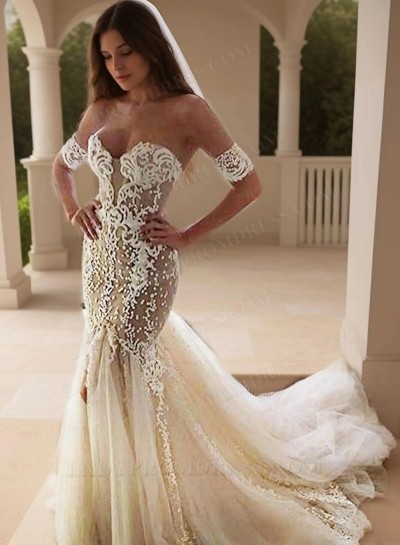 2025 Sexy Mermaid/Trumpet Tulle Off Shoulder Tulle Backless Sweetheart Wedding Dresses / Bridal Gowns