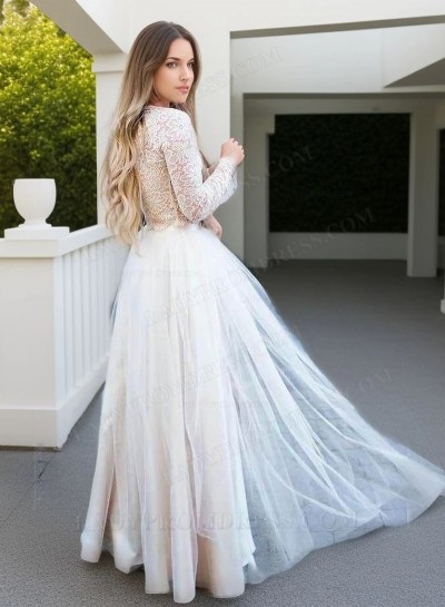 2025 New Arrival A Line/Princess Long Sleeves Champagne Tulle Lace Wedding Dresses / Bridal Gowns