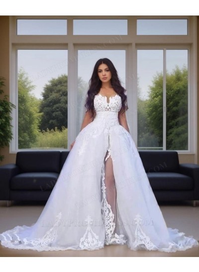 2024 Hot Sale White Long Sleeves Off Shoulder Side Slit Tulle With Appliques Wedding Dresses