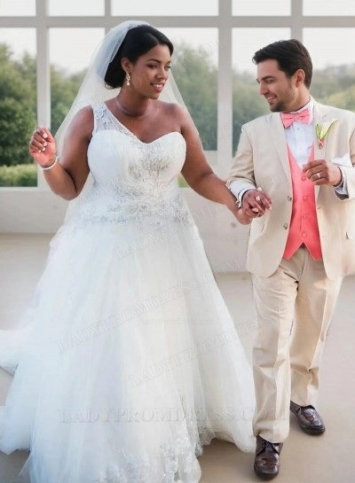 A Line One Shoulder Sweetheart Tulle Plus Size Wedding Dresses With Beads 2025