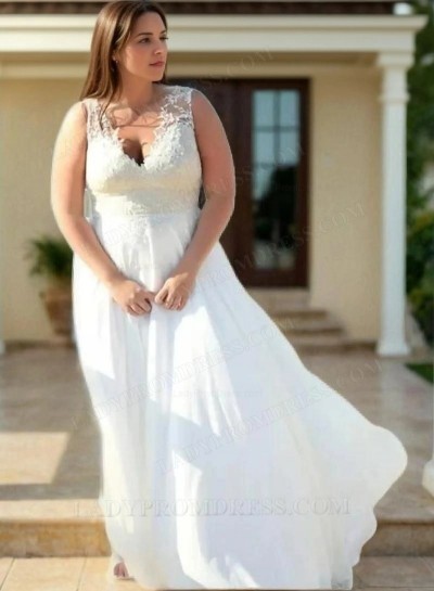 2024 A Line Chiffon V Neck Plus Size Lace Beach Wedding Dresses