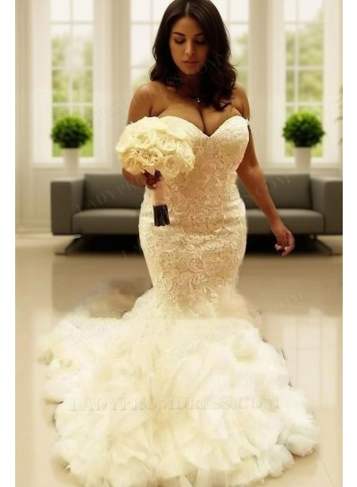 Alluring 2025 Mermaid Sweetheart Lace Ruffles Long Plus Size Wedding Dresses 