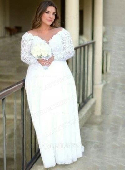 A Line Chiffon Long Sleeves Off Shoulder Lace Plus Size Wedding Dresses 2025